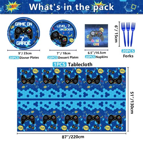 81 Pcs Video Game Party Supplies - 7th Birthday Video Game Party Decor Dinner Plates Napkins Video Game Tablecloth Forks Gaming Party Pack for Kid Boy 7th Birthday Party, Serves 20 (7th)