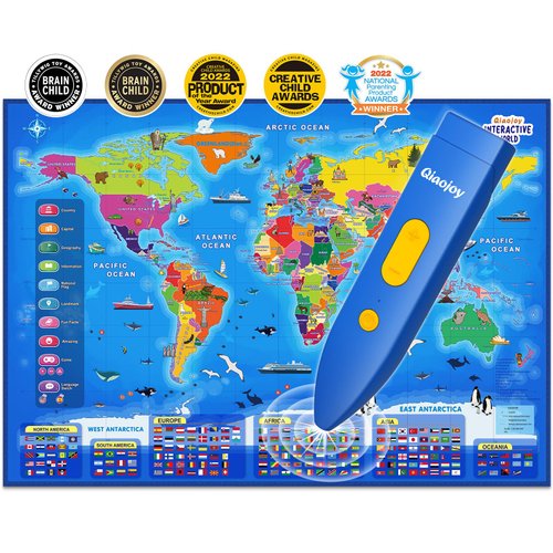 Qiaojoy Bilingual Interactive World Map for Kids Learning and Educational Toys, Talking Electronic Kids World Map i-Poster Geography Games Ages 3 to 12 Years Old, Custom Talking Birthday Gifts Card