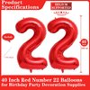 Red 22 Number Balloons, 40 Inch Giant Number 22 Balloons Foil Mylar Helium Red Number Balloons for 22th Birthday Party Supplies Anniversary Event Celebration Decorations