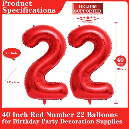 Red 22 Number Balloons, 40 Inch Giant Number 22 Balloons Foil Mylar Helium Red Number Balloons for 22th Birthday Party Supplies Anniversary Event Celebration Decorations