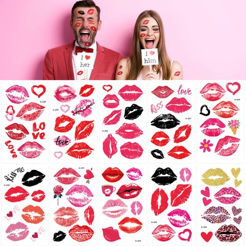 Valentine's Day Kiss Lips Heart Temporary Tattoo Stickers Red Black Love Heart Lips Rose Face Body Waterproof Fake Tattoos for Women Man Halloween Party Costume Accessories Decorations(10 Sheets)