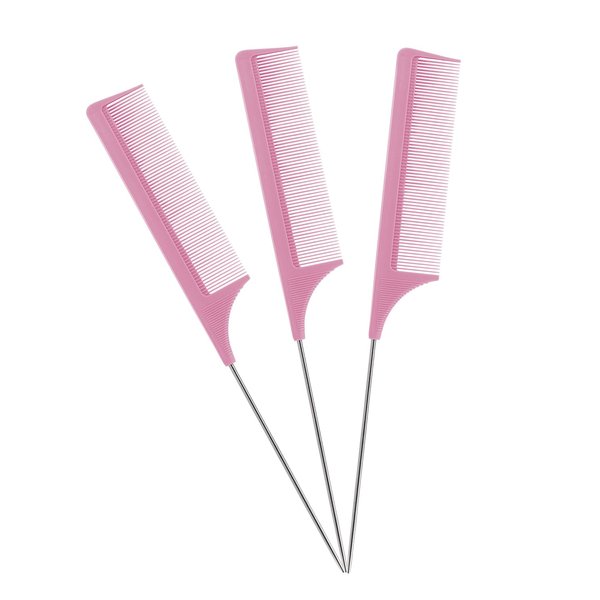 3PCS Hair Combs Styling Comb Set with Stainless Steel Handle for Girls, Women, Perfect for Parting Hair (Pink)