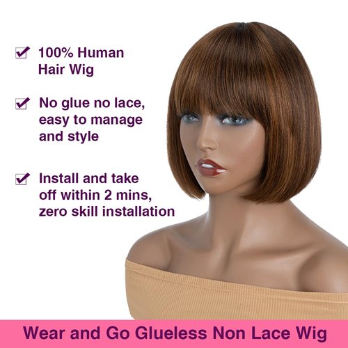 Short Bob Wig Human Hair with Bangs 8 Inch Brazilian Virgin Straight Hair Machine Made None Lace Front Wigs for Black Women Wear and Go Ombre Highlight Brown Color