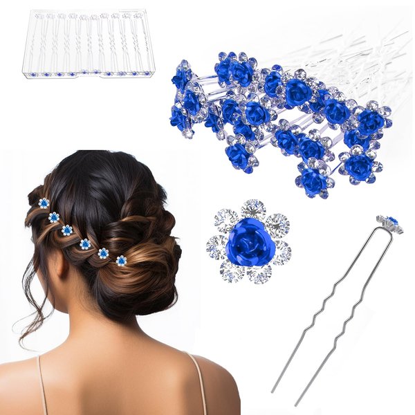 UHONEMY 25pcs Bridal Wedding Hair Pins with Crystal Rose Flower Crystal Diamante Rose Flower Rhinestone Hair Pins Hair Clips for Bridal Wedding Women Hair Jewelry Accessories (blue)