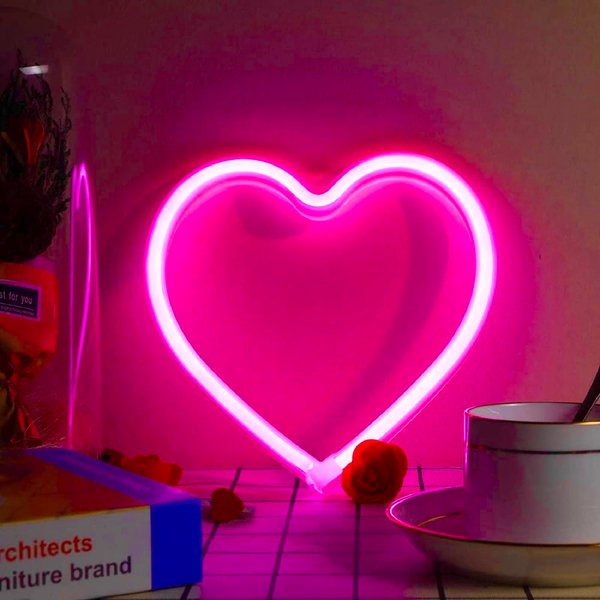 Pink Heart Neon Sign, LED Light Battery Operated or USB Powered Decorations Lamp, Table and Wall Decoration Light for Dorm Classroom Girl's Room Mothers Day Valentines Day Party Birthday Home Décor