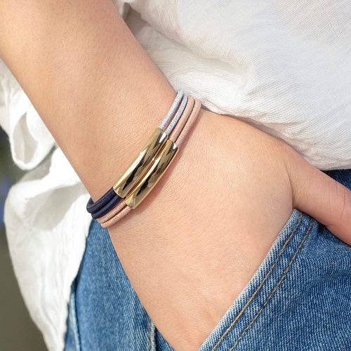 Stylish Hair Two color Tie Holder Bracelets with Metal for Women Made in Korea (2pcs), Elastic Band Bracelet for Woman, Hair tie accessory bracelet for Girls Braids Ponytails (Pink,Navy)