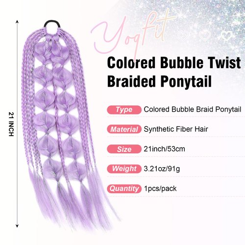 YOGFIT Colored Hair Extensions Long Braided Bubble Ponytail Extension with Hair Tie, 21'' Crazy Hair Day Accessories for Women Festival Rave Braids, Lilac Hair Extensions with Tinsel