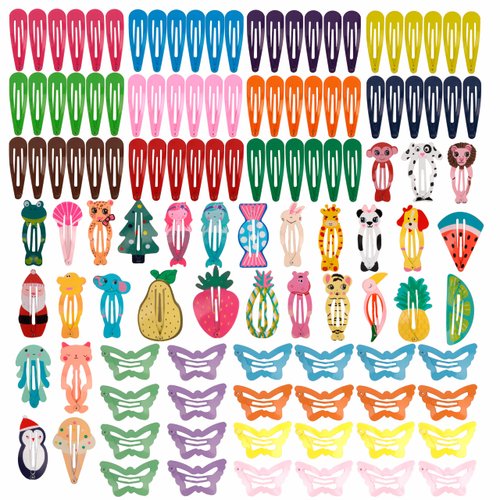 Chanaco 120Pcs Hair Clips Cute Butterfly Hair Accessories Non Slip Small Candy Color Snap Hair Clips Metal Kawaii Hair Barrettes for Women Animal Fruit Cartoon Multicolor Design Fun Hair Pins Gifts