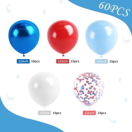 Red Blue White Balloons, 60 Pcs 12 Inches Red White Blue Balloons Set, Blue and Red Party Balloons for Boys Kids Birthday Shower Graduation Party Decorations
