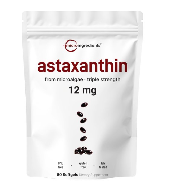 Micro Ingredients Astaxanthin 12mg, 60 Softgels | Premium Astaxanthin Antioxidant Supplements* | Fresh Microalgae Source | Triple Strength, Easy to Swallow, Non-GMO, Soy Free