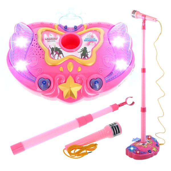 Kidplokio Music Karaoke Machine for Kids Microphone Lights Sounds MP3 Player, Pink, Girls Ages 3+