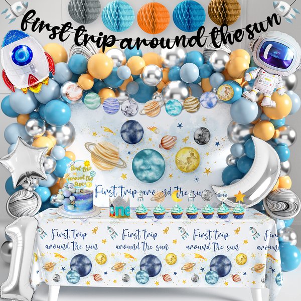 First Trip Around The Sun Birthday Party Decoration Pack, 1st Baby Shower Space Birthday Party Supplies Including Banner, Backdrop, Garland, Tablecloth, Felt Hat, Honeycomb, Cake Toppers, Latex and