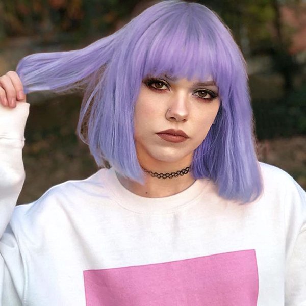 WIGER Purple Bob Wigs Straight Purple Wig with Hair Bangs Short Bob Wigs Shoulder Length Bob Wig Synthetic Hair for Women Cosplay Wig
