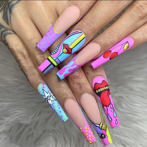 Long Press on Nails Coffin French Tip Fake Nails Sexy Lips Acrylic Press on Nails Colour Graffiti False Nails with Designs Cherry Stick on Nails Artificial Nails for Women