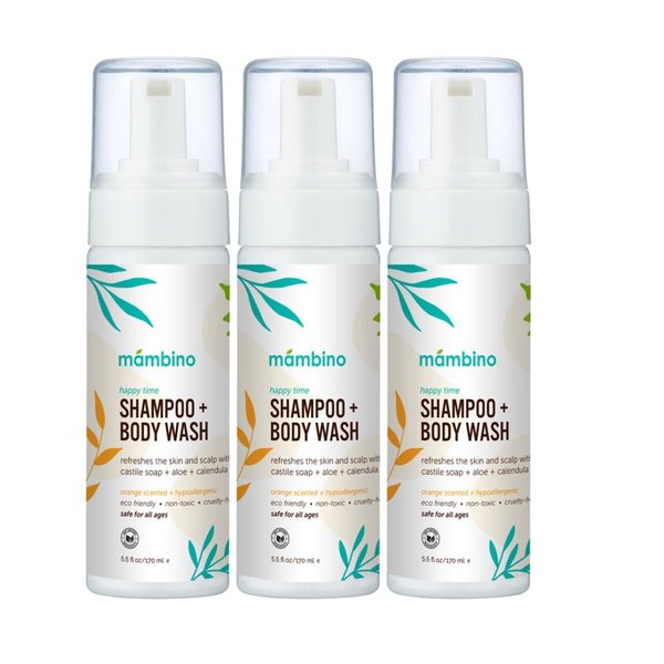 Mambino Organics Happy Time Shampoo & Body Wash for Kids 3 Pack - Hypoallergenic, Plant-Based, Eco-Friendly Body and Hair Cleanser for Sensitive Skin - Calendula & Orange 5.5floz