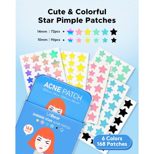 LitBear Acne Patch with Tea Tree & Centella Oil, 168 Hydrocolloid Dots in 6 Colors for Face - Cute Star Pimple Stickers