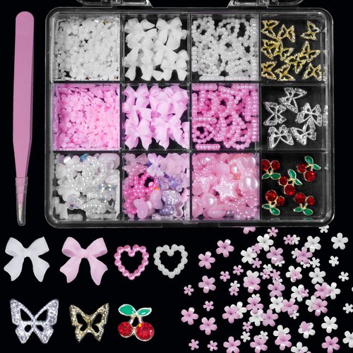 Pink 3D Assorted Flower Nail Gems Charms White Pink Bows Nail Charms Color Alloy Cherry Butterfly Rhinestones Nail Charms for Nail Art DIY Accessories