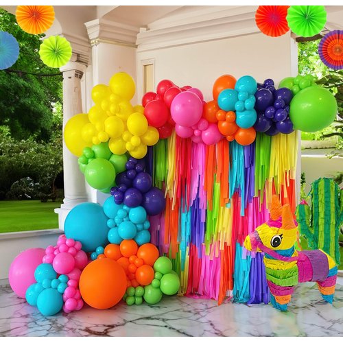 Froufing Mexican fiesta Colorful Rainbow Balloon Garland Arch Kit 145 Pcs Balloons for Mexican Cinco de Mayo independence theme Holiday Birthday Baby Shower Party Supplies Decoration (Hot pink teal)