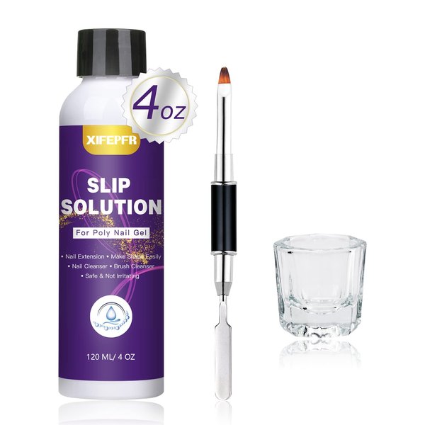 XIFEPFR Poly Gel Slip Solution, 120ml Slip Solution for Polygel Nails Anti-stick Poly Extension Gel Liquid Slip Solution Set with Dual-Ended Brush&Glass Cup Easy DIY Poly Gel Nail Art, Gifts for Women