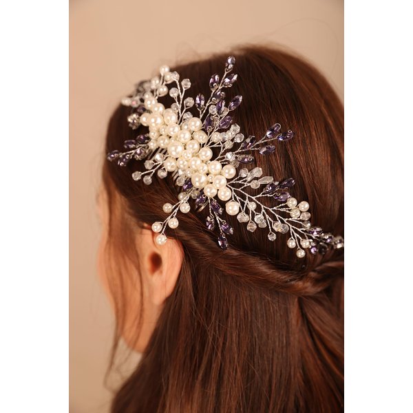 BERYUAN Purple Wedding Hair Comb with Crystal Rhinestone and Pearls, Silver Bride Hair Accessory for Brides