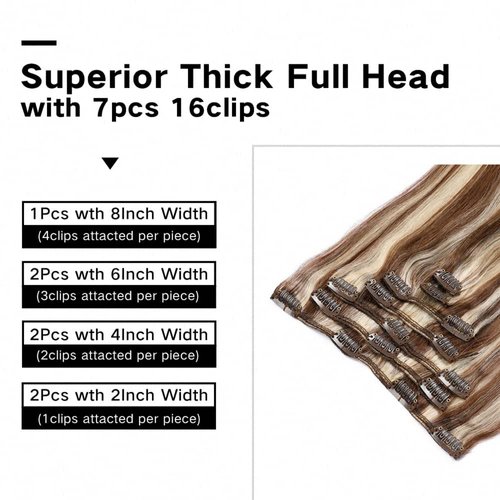 Clip in Hair Extensions Human Hair Balayage Mixed Bleach Blonde 18Inch Ombre Hair extensions Chestnut Brown Highlights 70g 7PCS/Set for Women