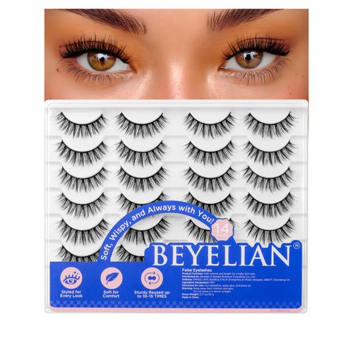 BEYELIAN False Eyelashes 14 Pairs Eye Lashes 9-15mm Strip Lash pack Soft 3D Volume Faux Mink Lashes That Look Like Extensions C189