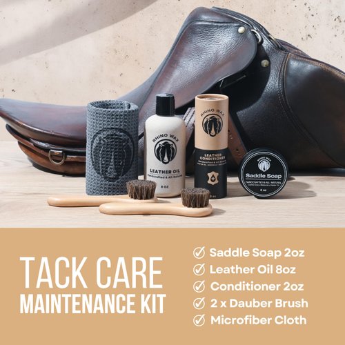 Rhino Wax - Tack Care Maintenance Kit (Saddle Soap for Leather + Leather Oil + Leather Conditioner + Brushes + Microfiber Cloth) - Maintenance for Saddles, Bridles, Boots, Reins & Straps - Made In USA