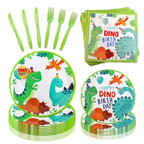 120 Pcs Dinosaur Birthday Paper Plates Napkins, Dinosaur Party Supplies Tableware Set for 24 Guests, Dinosaur Themed Birthday Party Decorations for Boys Girls Baby Shower