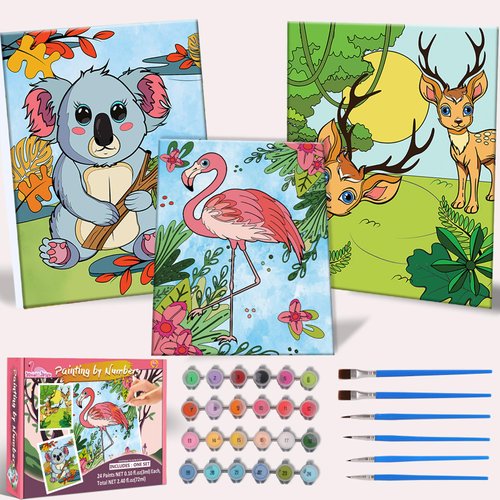 Paint By Numbers Kit For Kid and Adult, 3 Pack Pre Drawn Canvas, Includes 8x10 Inch Framed Canvas with 24x3ml Acrylic Paint Pot, 6 Brushes, Crafts Gift For Girls 6-12, Adult, Art Supplies, Paint Set