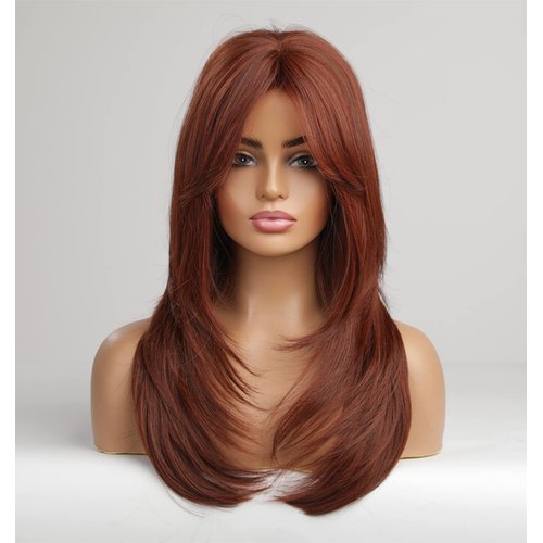 vedar Auburn Red Wigs with Bangs, Copper Red Wigs for Women, Shoulder Length Synthetic Hair Red Full Wig, Middle Length Straight Hair Wig, 20 inch VEDAR-235