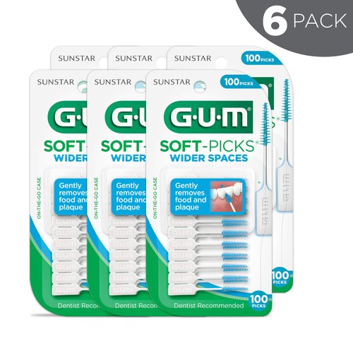 GUM Soft-Picks Wider Space, Easy to Use Dental Picks for Teeth Cleaning and Gum Health, With Convenient Carry Case, Dentist Recommended Dental Floss Picks, 100ct (6pk)
