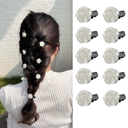 10pcs White Artificial Flower Hair Accessories for Girls, Cute Mini Camellia Clips, Wedding Bridal Hair Pins for Women