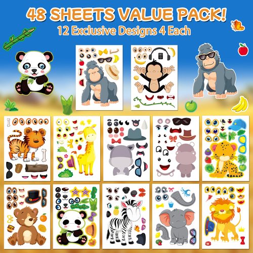 Aowplc 48 Make A Safari Animal Sticker Sheets - Jungle & Zoo Party Favors Supplies - Fun Craft Activities for Kids Ages 3+