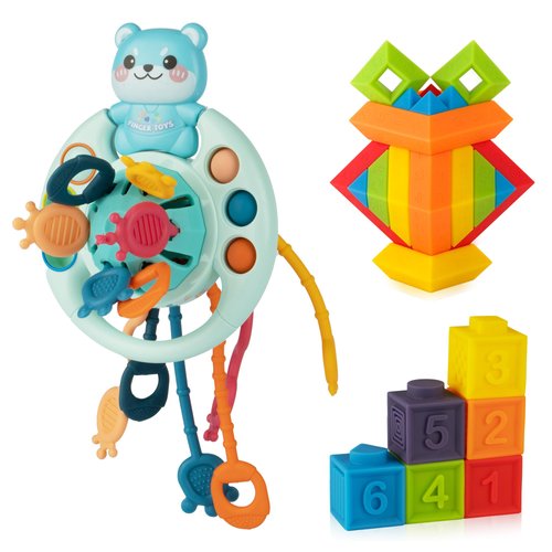 Ganowo Baby Montessori Toys, Montessori Pull String Toys for Babies, Sensory Toys for Boys Girls Toddlers 1-3, Baby Travel Toys Soft Stacking Building Blocks for 12-18-24 Months