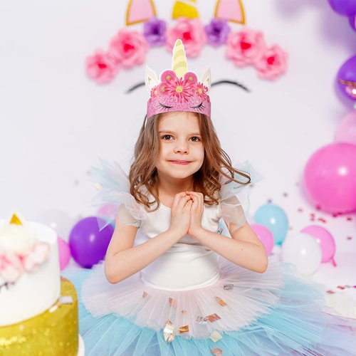 36 Pack Glitter Unicorn Birthday Party Hats with Colorful Horns and Flowers - Paper Crown Headbands for Girls' Unicorn Theme Decorations, 9 Styles