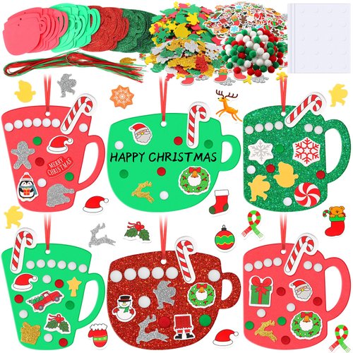 Syhood 725 Pcs Christmas Hot Cocoa Ornaments Craft Kit Foam Stickers Cafe Cup Mug Shape Glitter Stickers Christmas Craft Kits for Kids Xmas Holiday Party Supplies