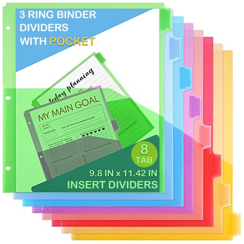 8 Tab Binder Dividers with Pockets, Plastic Dividers for 3 Ring Binders with Pockets, Premium Dividers with Pockets for Document Indexing and Protection, Insertable Big Tabs, Letter Size, Multicolor