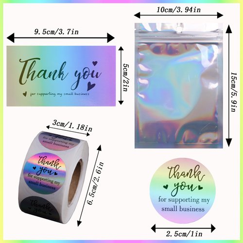 620Pcs Thank You Business Cards Stickers Set Gold Foil Include 100 Thank You Business Card 500 Thank You for Supporting My Small Business Stickers 20 Resealable Packaging Bags Owners (Holographic)