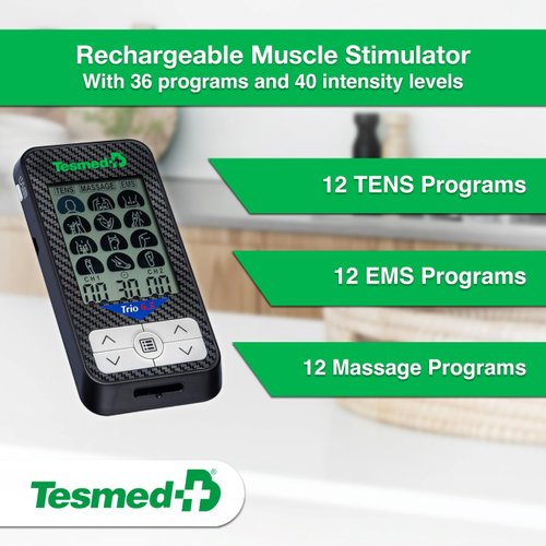 TESMED Trio 6.5: USB-Rechargeable TENS Unit for Pain Relief & EMS Muscle Stimulator, 36 Programs, 40 Intensity Levels, 4 Electrodes - EMS, TENS, and Massage - Ideal for Fitness and Pain Therapy