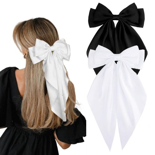 RSWETE 2Pcs Big Bow Hair Clips, Silky Satin Hair Bow Barrettes Long Tail Hair Ribbon Accessories Elegant Hair Bows for Women Girls (White & Black)