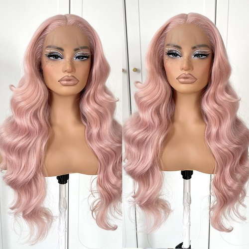 MITIMES Pink Wigs Glueless HD Lace Front Wigs Pre Plucked Synthetic Body Wave Wear And Go Lace Front Wig For Cosplay Party Light Pink Wig With Natural Hairline For Fashion Women