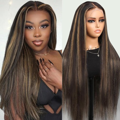 ONECHULY Highlight Ombre Lace Front Wig Human Hair 200% Density 13x4 Full Lace Front Wigs Human Hair Pre Plucked with Baby Hair Balayage Straight HD Transparent Lace Front Wig 24 Inch