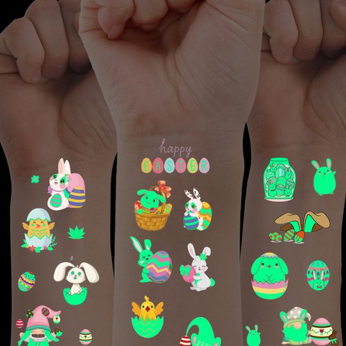 Ozepao 100 Pcs Easter Luminous Temporary Tattoos for Kids Easter Party Favors Supplies Easter Basket Stuffers