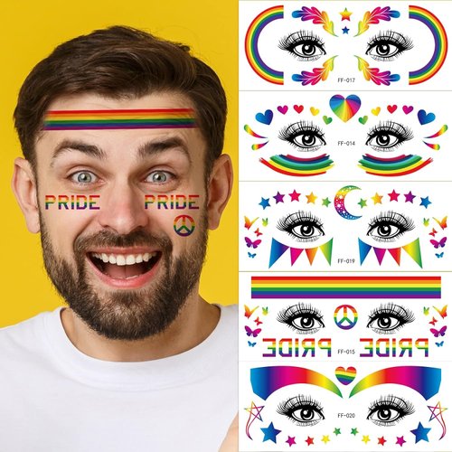 Pride Day Face Tattoo Stickers, 10 Sheets LGBT Gay Rainbow Temporary Tattoo Colorful Love Heart Butterfly Star Lip Fake Tattoos Pride Parades Celebrations Party Supplies for Eye Makeup Face Decor