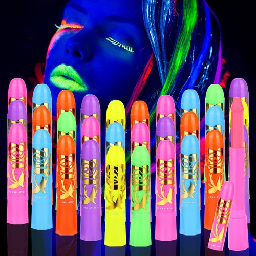 30PCS Glow in the Dark Body & Face Paint Sticks, Makeup Face Paint Kit for Kids and Adults Halloween Club, UV Black Light Birthday Party Masquerade Neon Glow Party Supplies