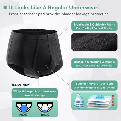 Incontinence Underwear for Men 2 Pack Washable Urinary Briefs with Front Absorbent Area Mens Incontinence Brief Leakproof Urinary Incontinence Brief Reusable Urinary Incontinence Underwear(Black, XL)