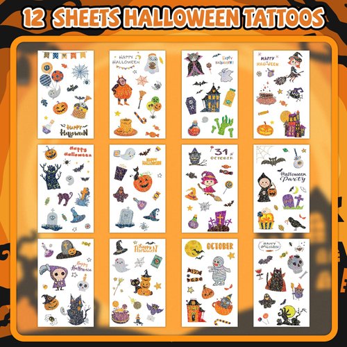 EMOME Halloween Temporary Tattoos Sticker, Glitter Kids Tattoos for Halloween Party Games Treats, Bulk Fake Tattoos for Halloween Birthday Party Activities (12 Sheets)