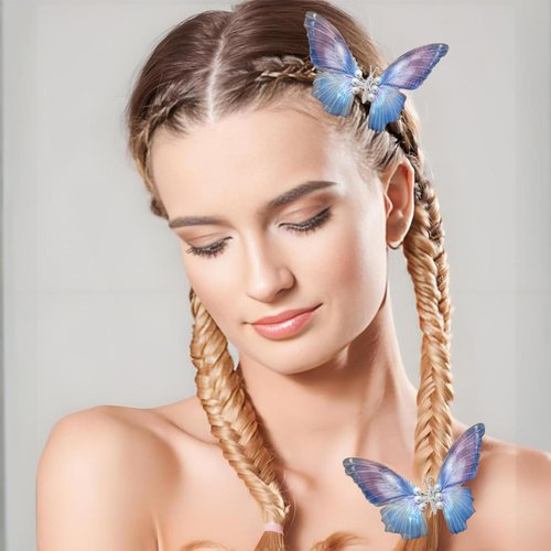 Butterfly Hair Clips Fine Glitter 3D Colorful Gradual Change Cute Spring Wing Butterfly Hairpin with Pearl Organza Barrettes Moving Hair Accessory for Girls Teens Women (Purple Blue)