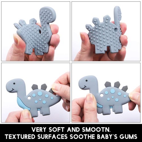Baby Food Grade Silicone Teether Toy with Pacifier Clip Holder,Teething Pain Relief Toys Gift Set for 3 Months+ Boys and Girls,Freezer Safe,BPA Free (Grey Dinosaur)