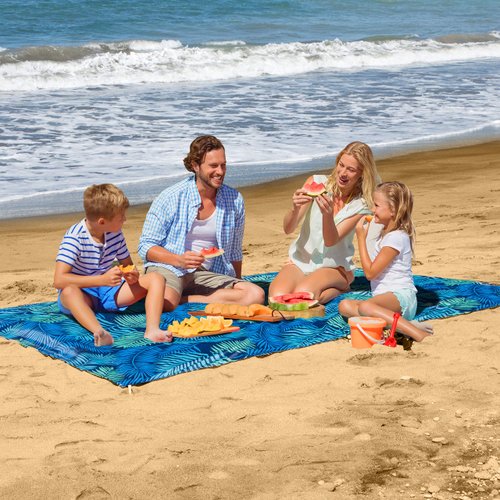 URBANECO OUTDOORS Lightweight Beach Blanket - Oversized 107" x 77" Waterproof Sandproof - Double Anchored for Fun Leisure Beach Blanket - with Stake Pouch & Plastic Stakes Durable Sand Beach Mat